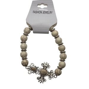 Fashion Jewelry Stretch Beaded Bracelet‎ Silver Tone Cross Charm